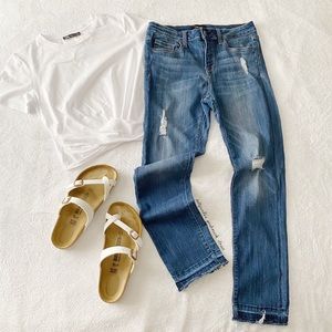 Medium Wash Raw Hem slim Straight Leg Jeans